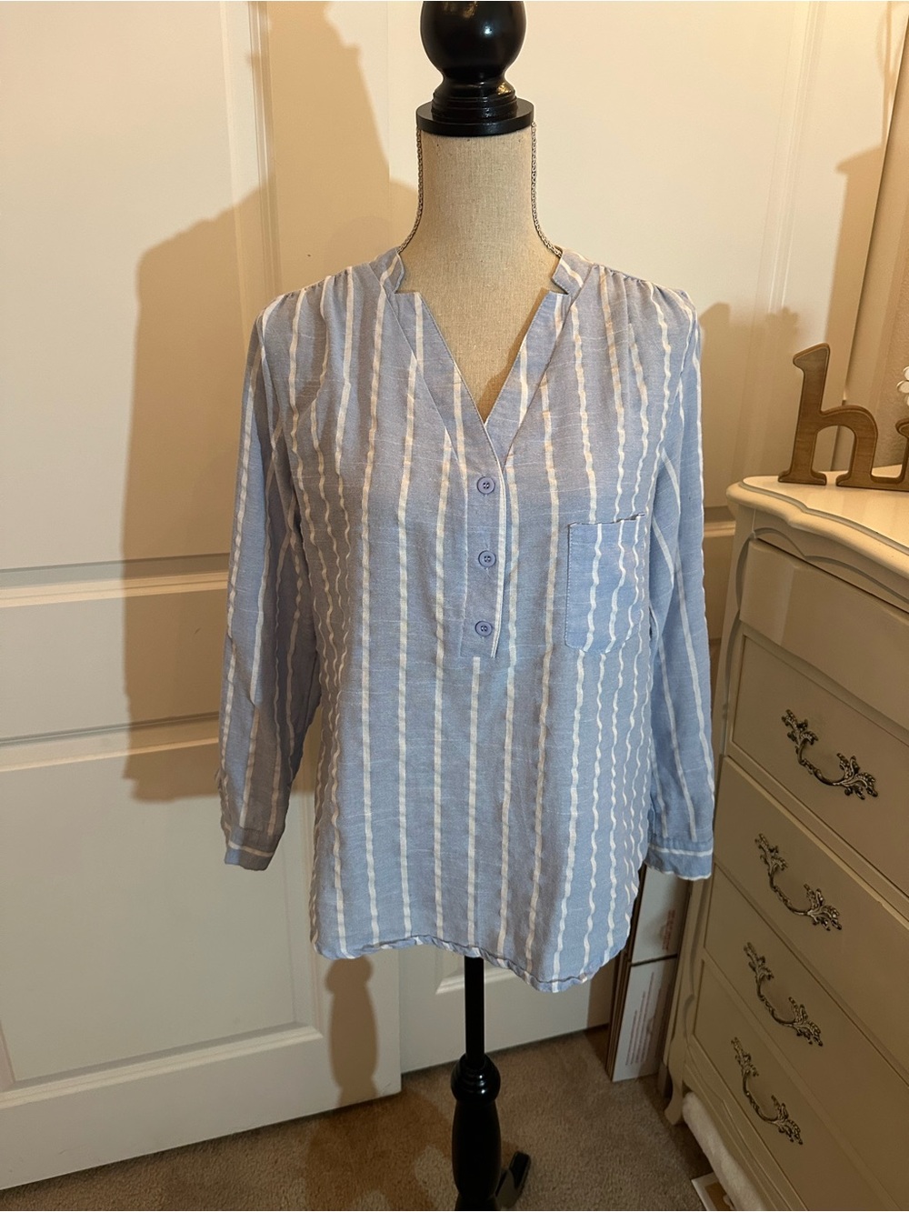 Striped Light Blue Button-Front Tunic Top